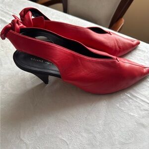 Celine Women's Red Leather Slingback Black Suede Heel